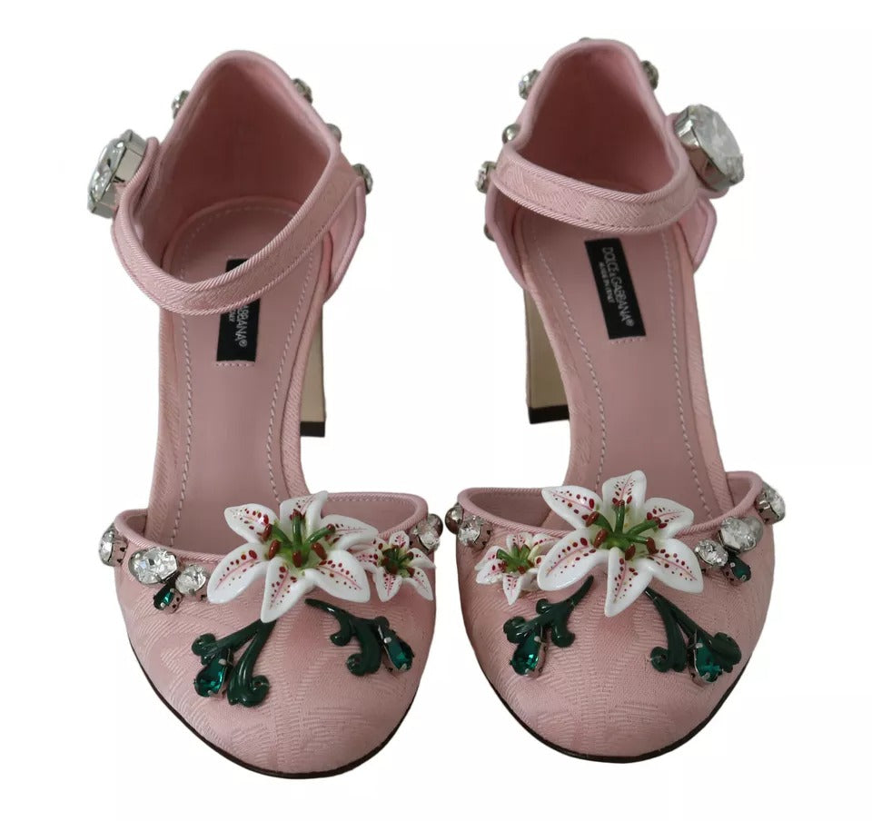 Dolce & Gabbana Pink Brocade Crystal Lily Ankle Strap Shoes | Regal Royce