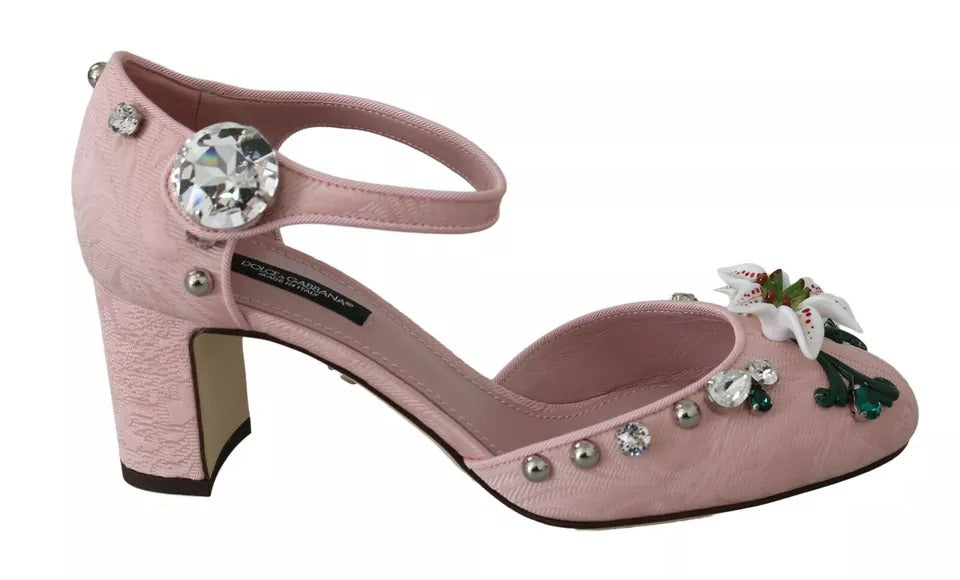 Dolce & Gabbana Pink Brocade Crystal Lily Ankle Strap Shoes | Regal Royce