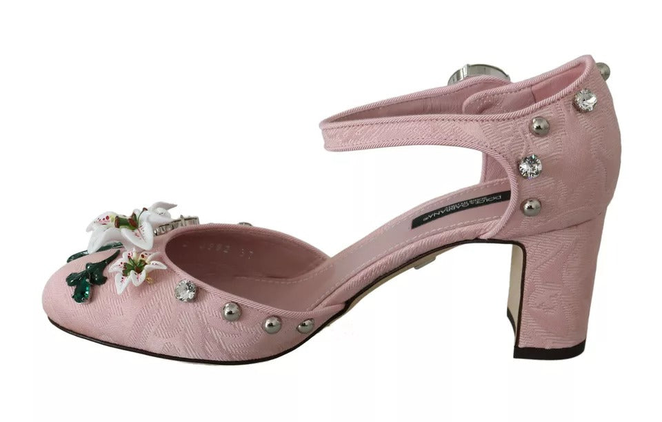Dolce & Gabbana Pink Brocade Crystal Lily Ankle Strap Shoes | Regal Royce