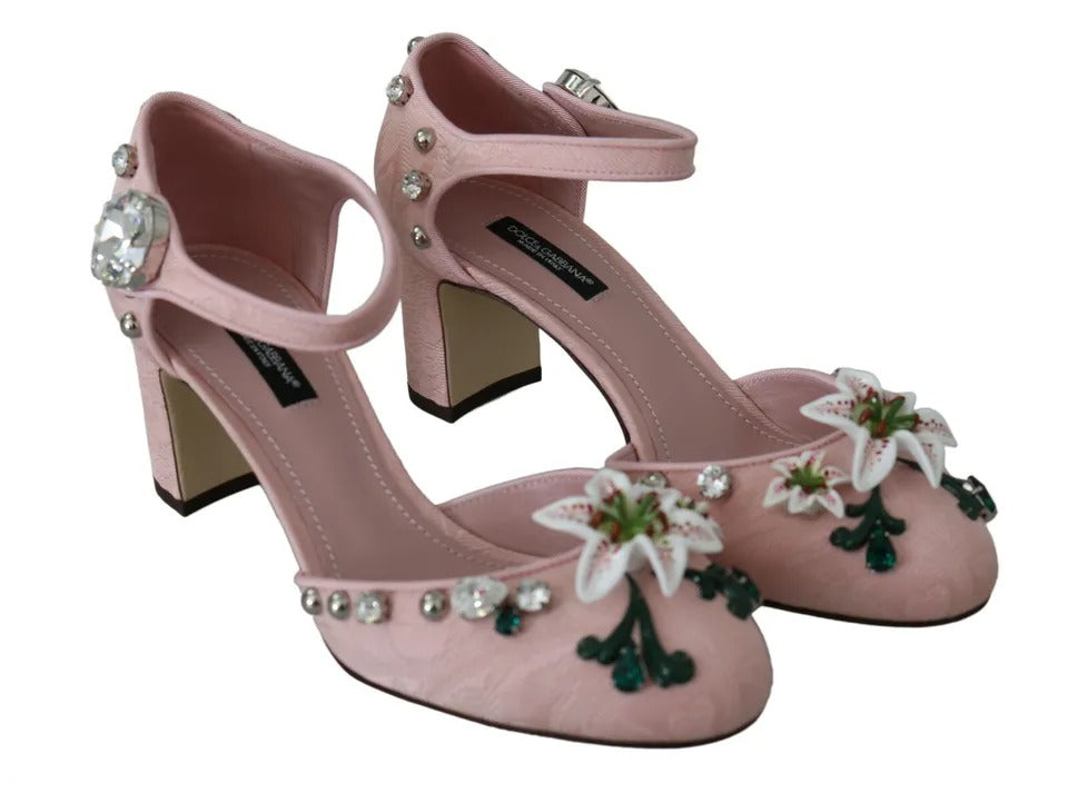 Dolce & Gabbana Pink Brocade Crystal Lily Ankle Strap Shoes | Regal Royce