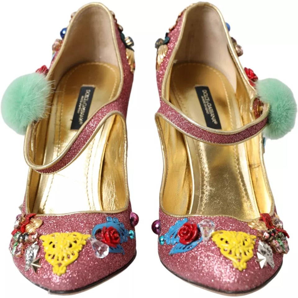 Dolce & Gabbana Pink Embellished Fur Mary Jane Pumps Shoes | Regal Royce