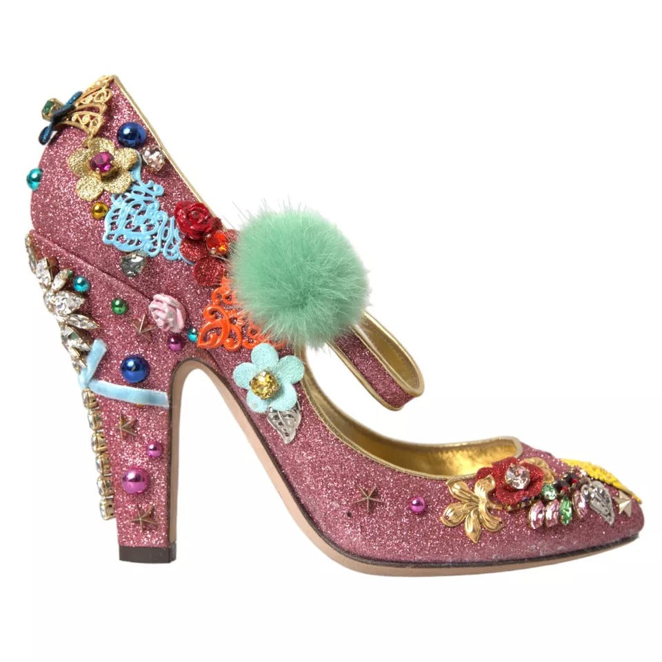 Dolce & Gabbana Pink Embellished Fur Mary Jane Pumps Shoes | Regal Royce