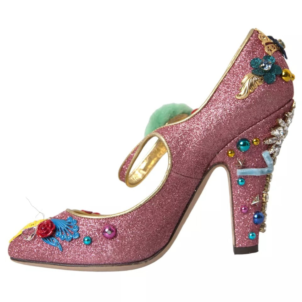 Dolce & Gabbana Pink Embellished Fur Mary Jane Pumps Shoes | Regal Royce