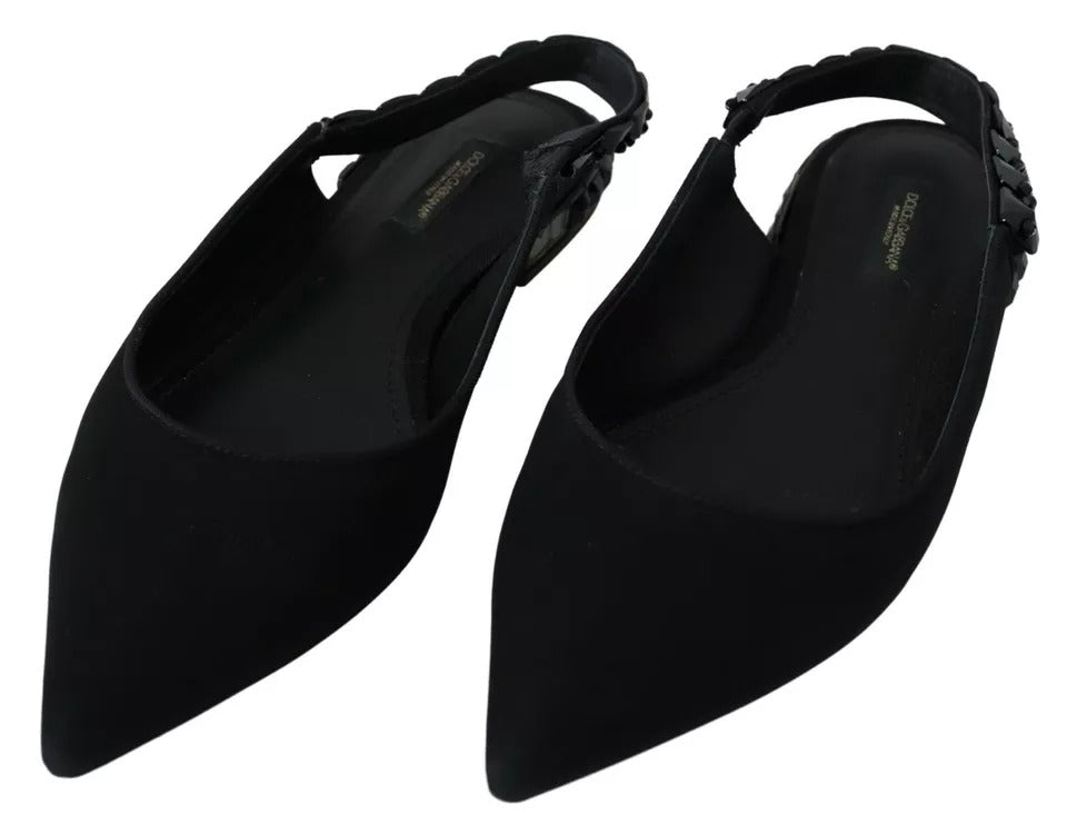 Dolce & Gabbana Black Flats Crystal Slingback Charmeuse Shoes | Regal Royce