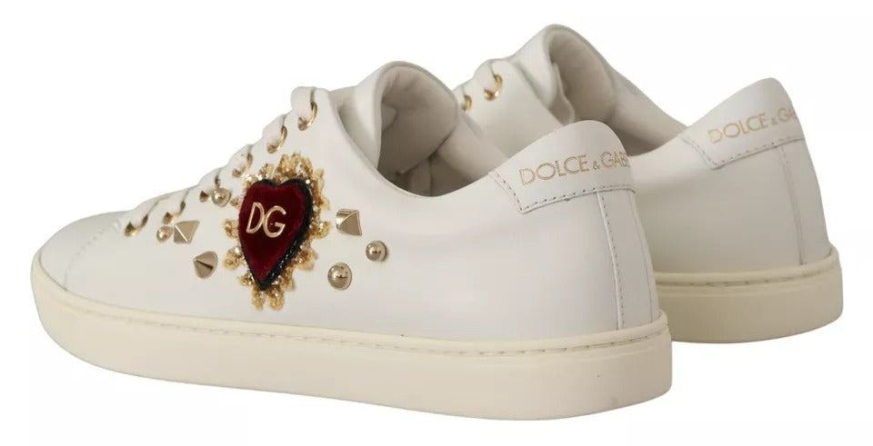 Dolce & Gabbana White Leather Gold Red Heart Sneakers Shoes | Regal Royce