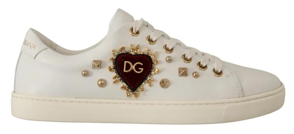 Dolce & Gabbana White Leather Gold Red Heart Sneakers Shoes | Regal Royce