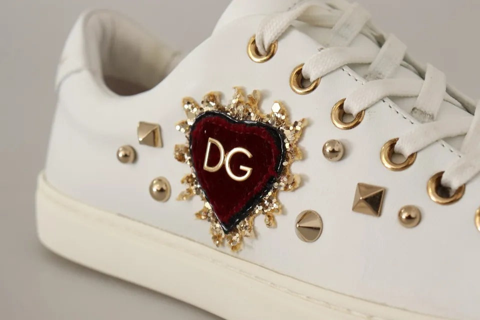 Dolce & Gabbana White Leather Gold Red Heart Sneakers Shoes | Regal Royce