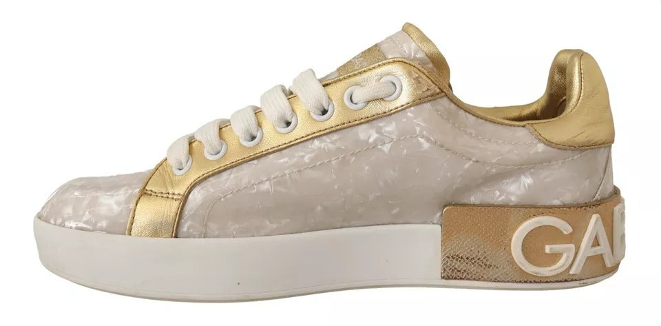 Dolce & Gabbana White Portofino Mother Of Pearl Sneakers Casual Shoes | Regal Royce