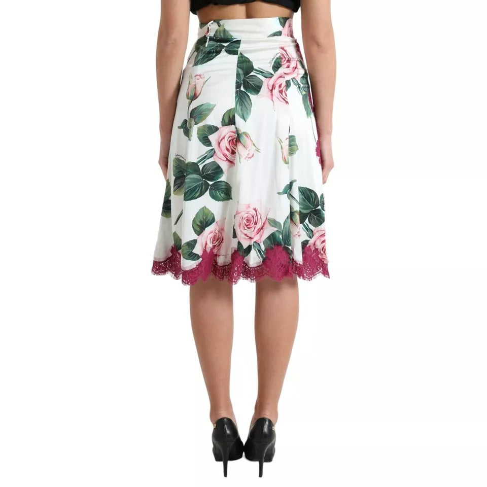 Dolce & Gabbana White Rose Print High Waist Midi A-line Skirt | Regal Royce