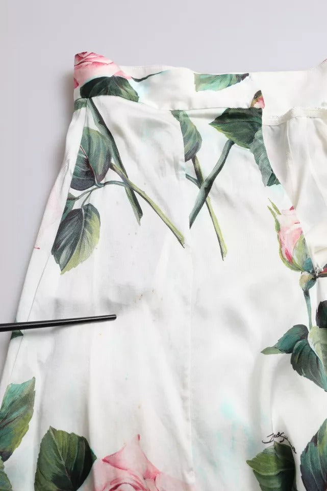 Dolce & Gabbana White Rose Print High Waist Midi A-line Skirt | Regal Royce