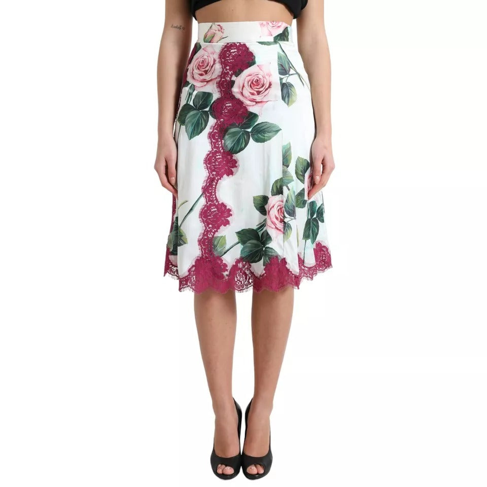 Dolce & Gabbana White Rose Print High Waist Midi A-line Skirt | Regal Royce