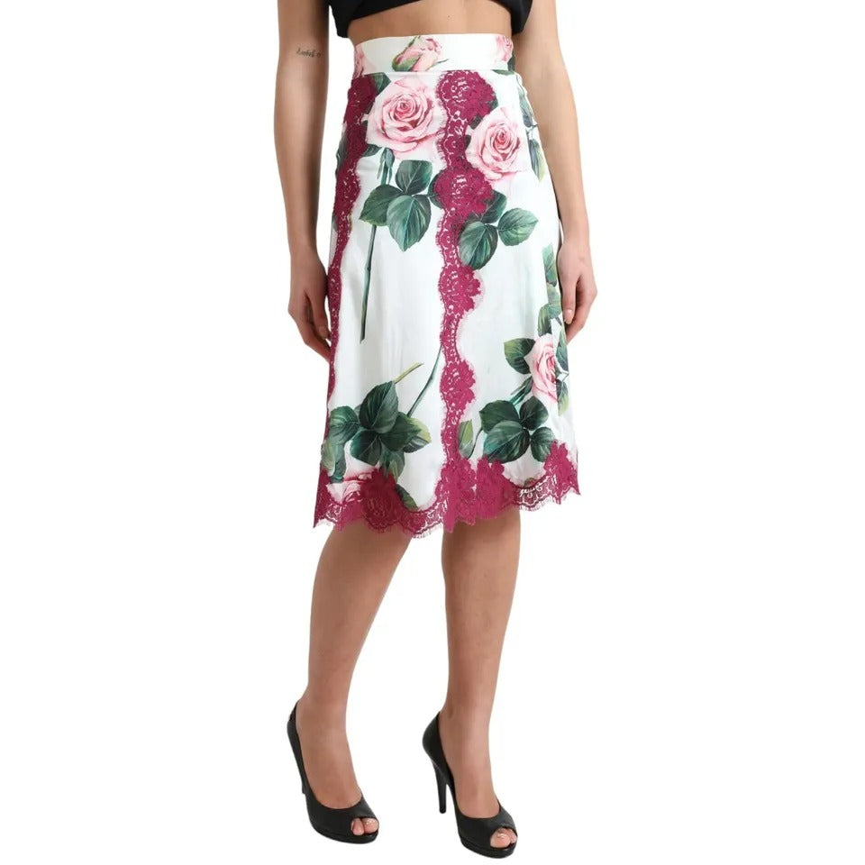 Dolce & Gabbana White Rose Print High Waist Midi A-line Skirt | Regal Royce