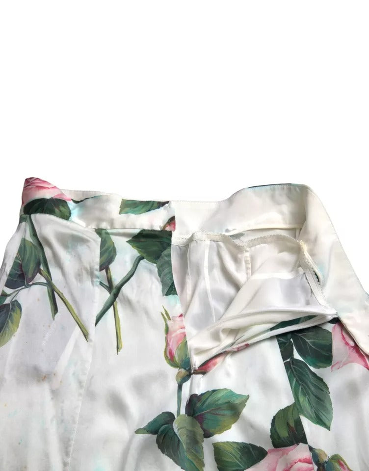 Dolce & Gabbana White Rose Print High Waist Midi A-line Skirt | Regal Royce