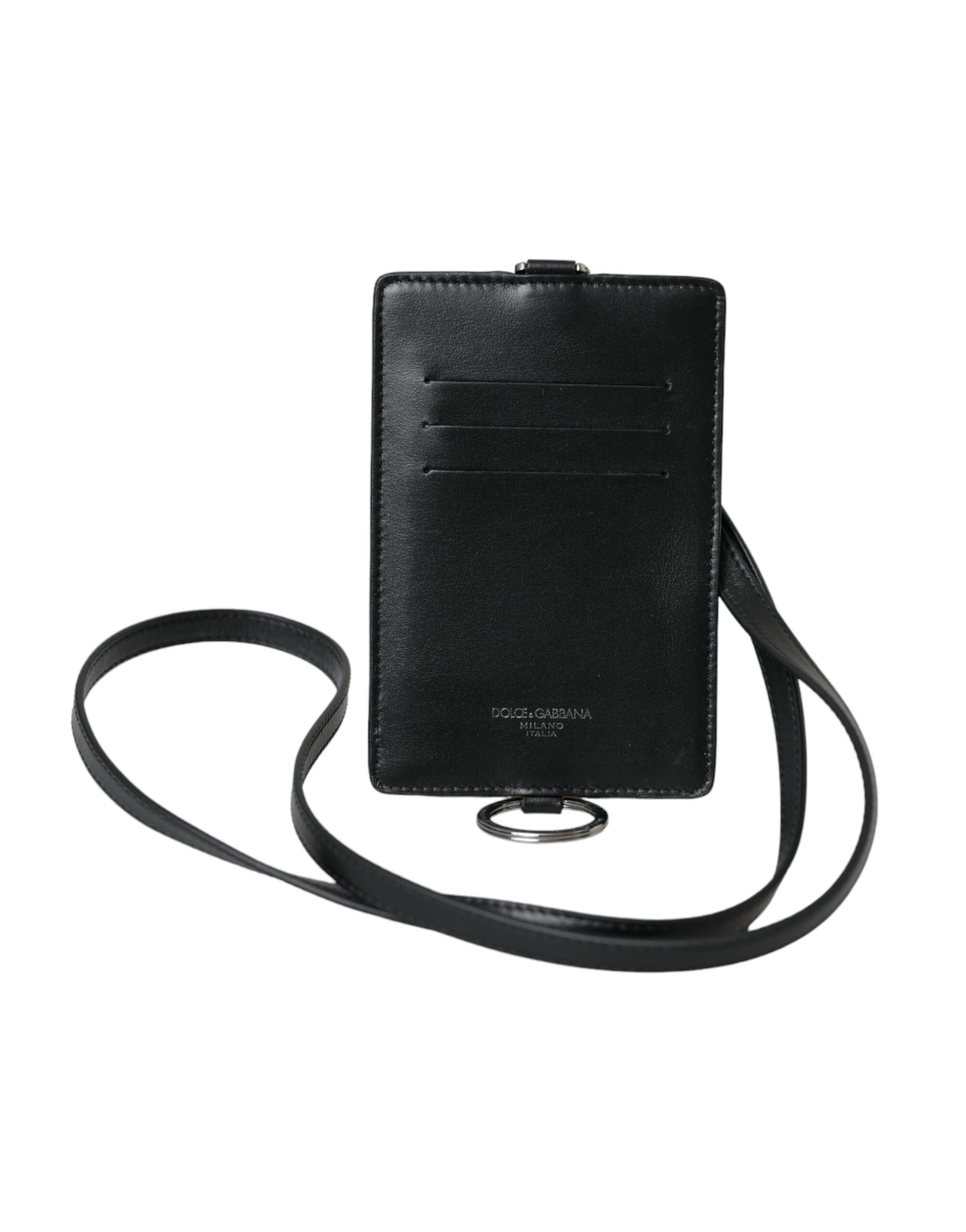 Dolce & Gabbana Black Calf Leather Lanyard Logo Card Holder Men Wallet | Regal Royce
