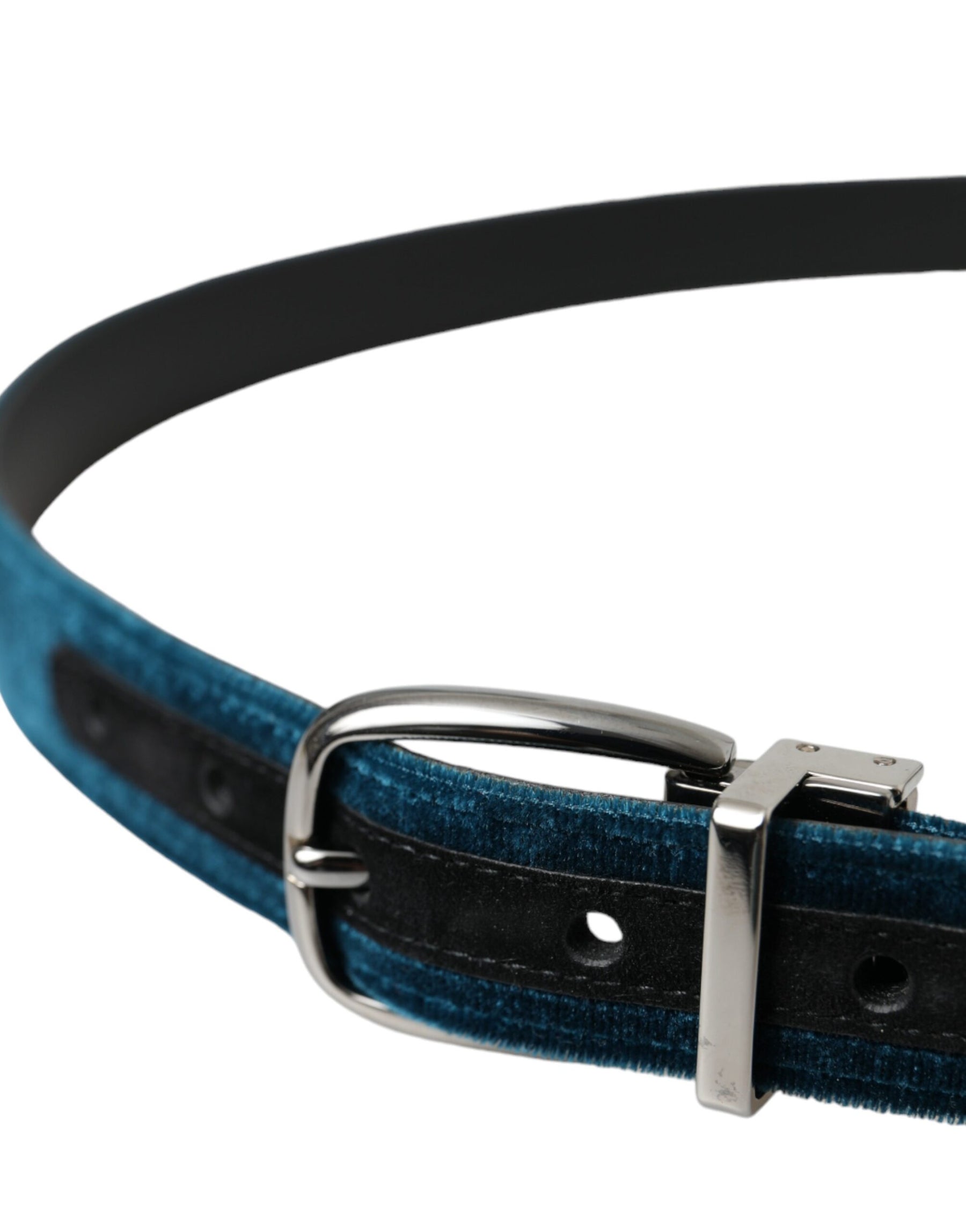 Dolce & Gabbana Blue Velvet Leather Silver Metal Buckle Belt | Regal Royce