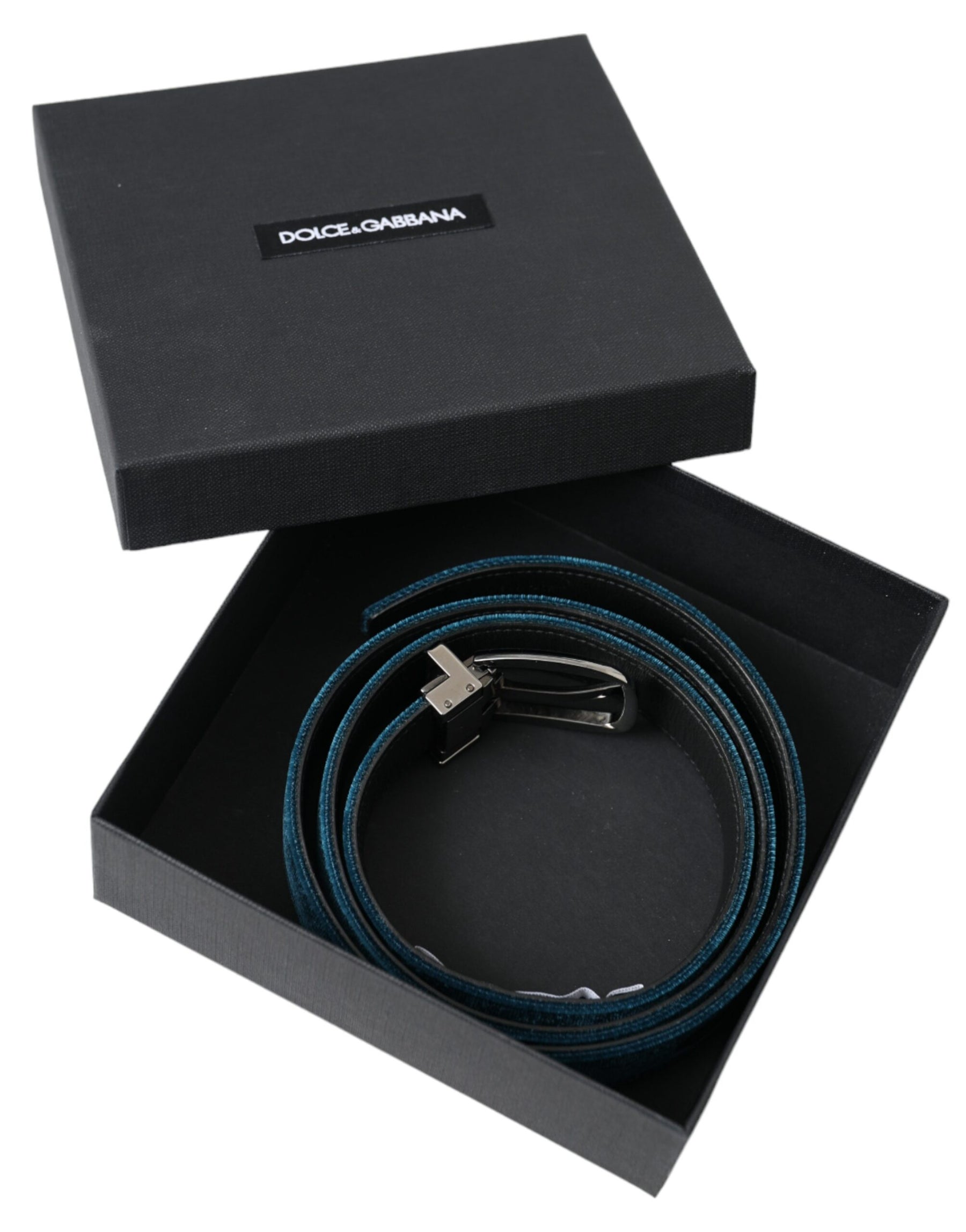 Dolce & Gabbana Blue Velvet Leather Silver Metal Buckle Belt | Regal Royce