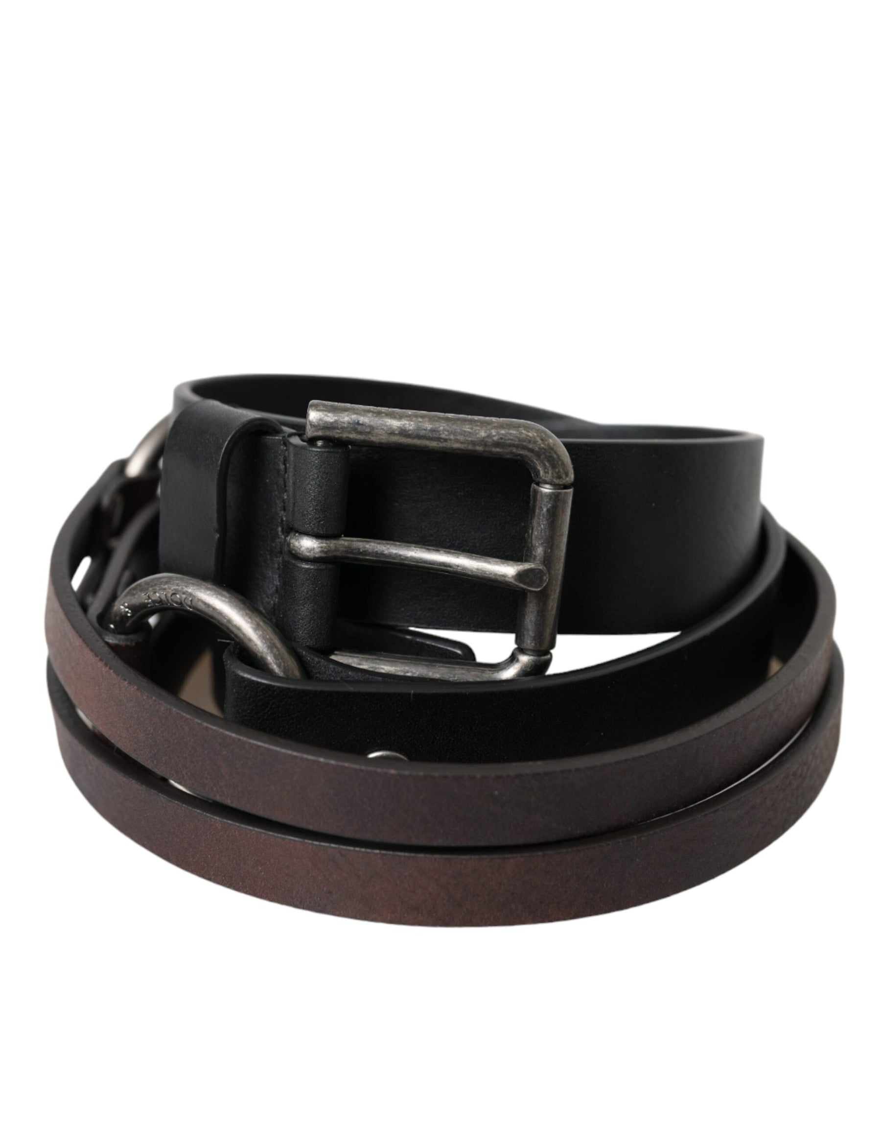Dolce & Gabbana Black Brown Leather Silver Metal Buckle Belt | Regal Royce