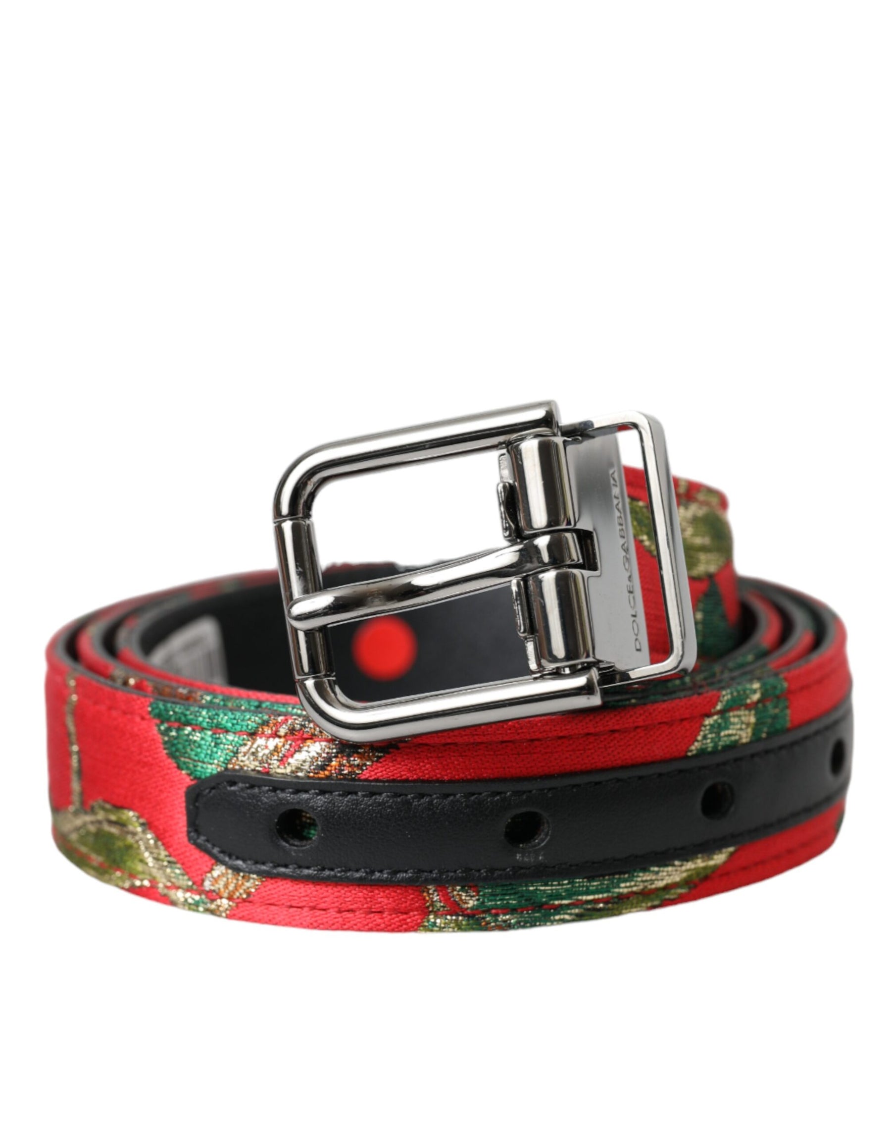 Dolce & Gabbana Red Leather Jacquard Silver Metal Buckle Belt | Regal Royce