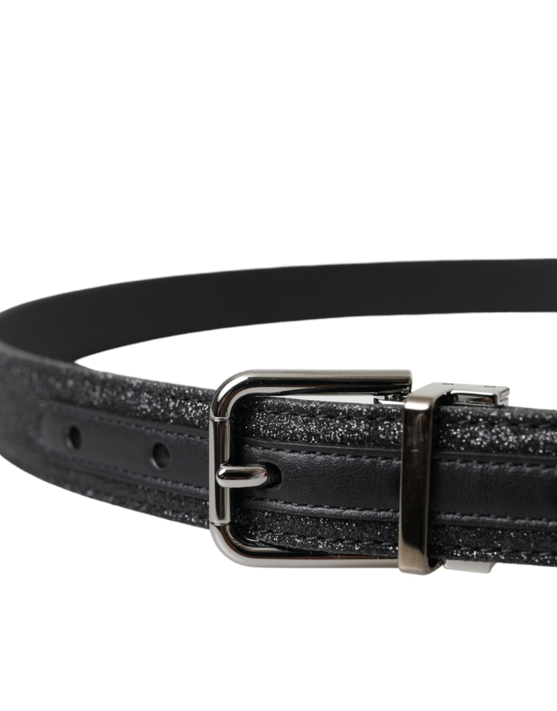 Dolce & Gabbana Black Glittered Leather Silver Buckle Belt | Regal Royce