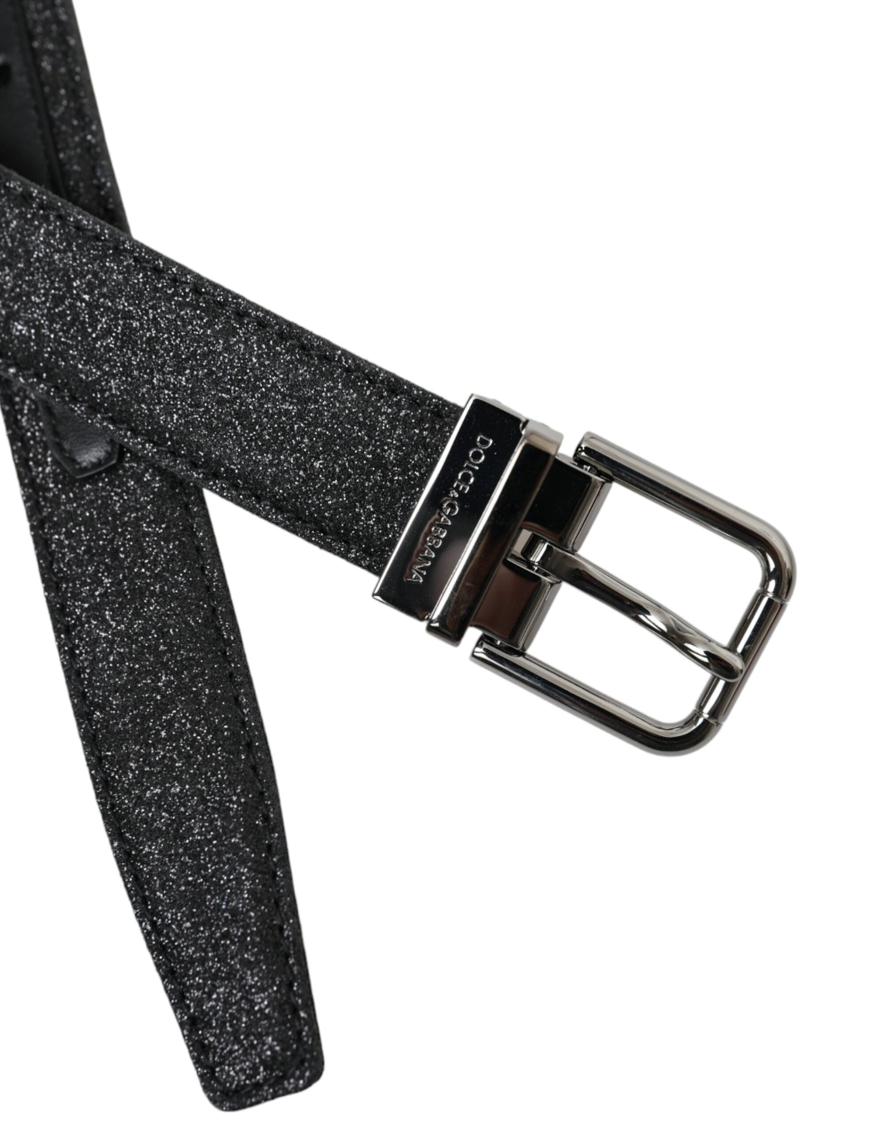 Dolce & Gabbana Black Glittered Leather Silver Buckle Belt | Regal Royce