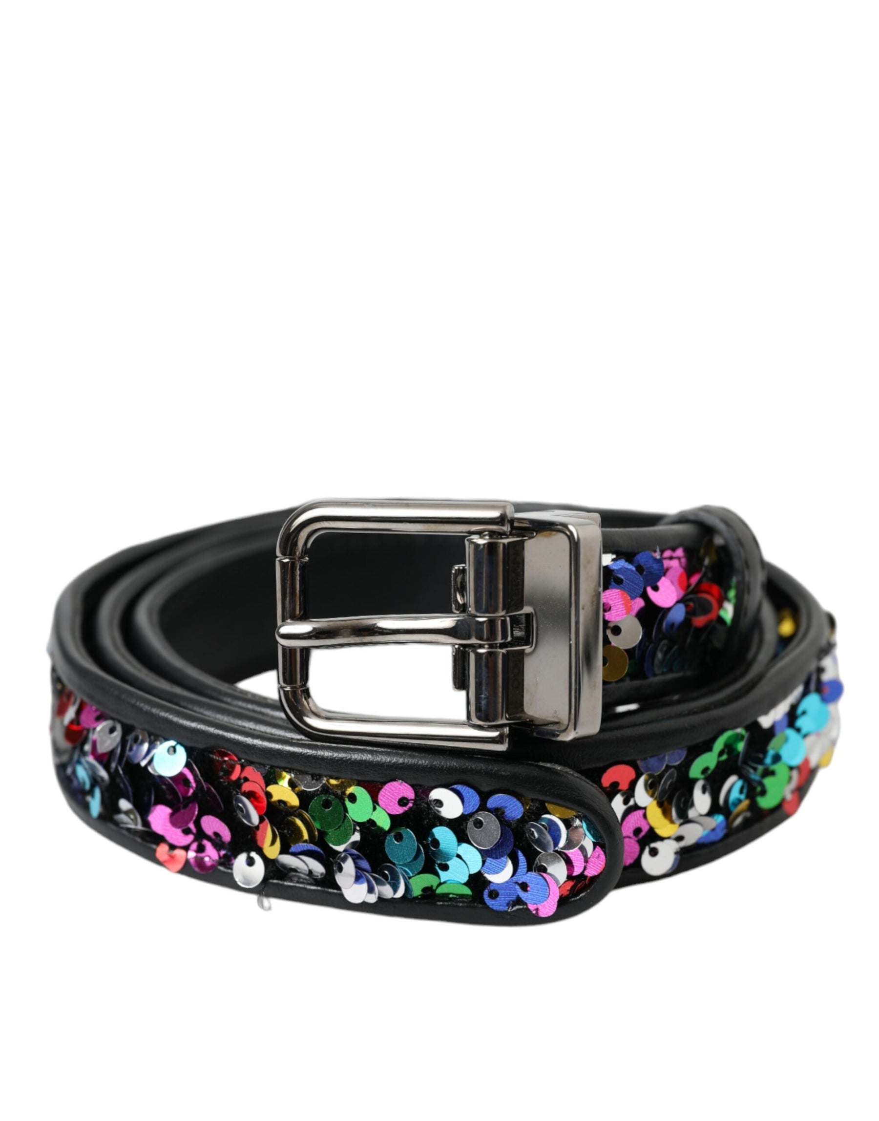 Dolce & Gabbana Black Sequined Silver Metal Buckle Women Belt | Regal Royce
