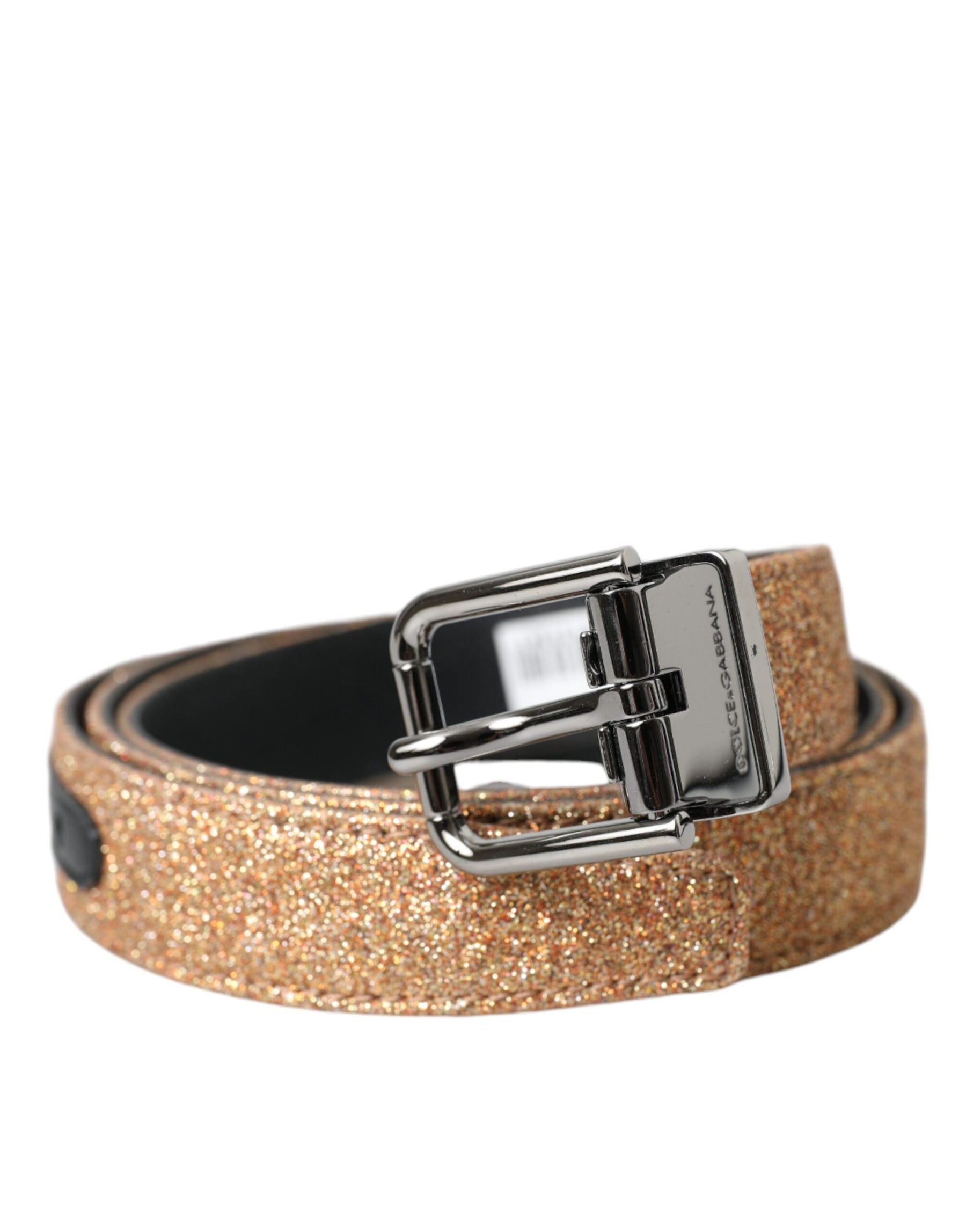Dolce & Gabbana Gold Glitter Leather Silver Metal Buckle Belt | Regal Royce