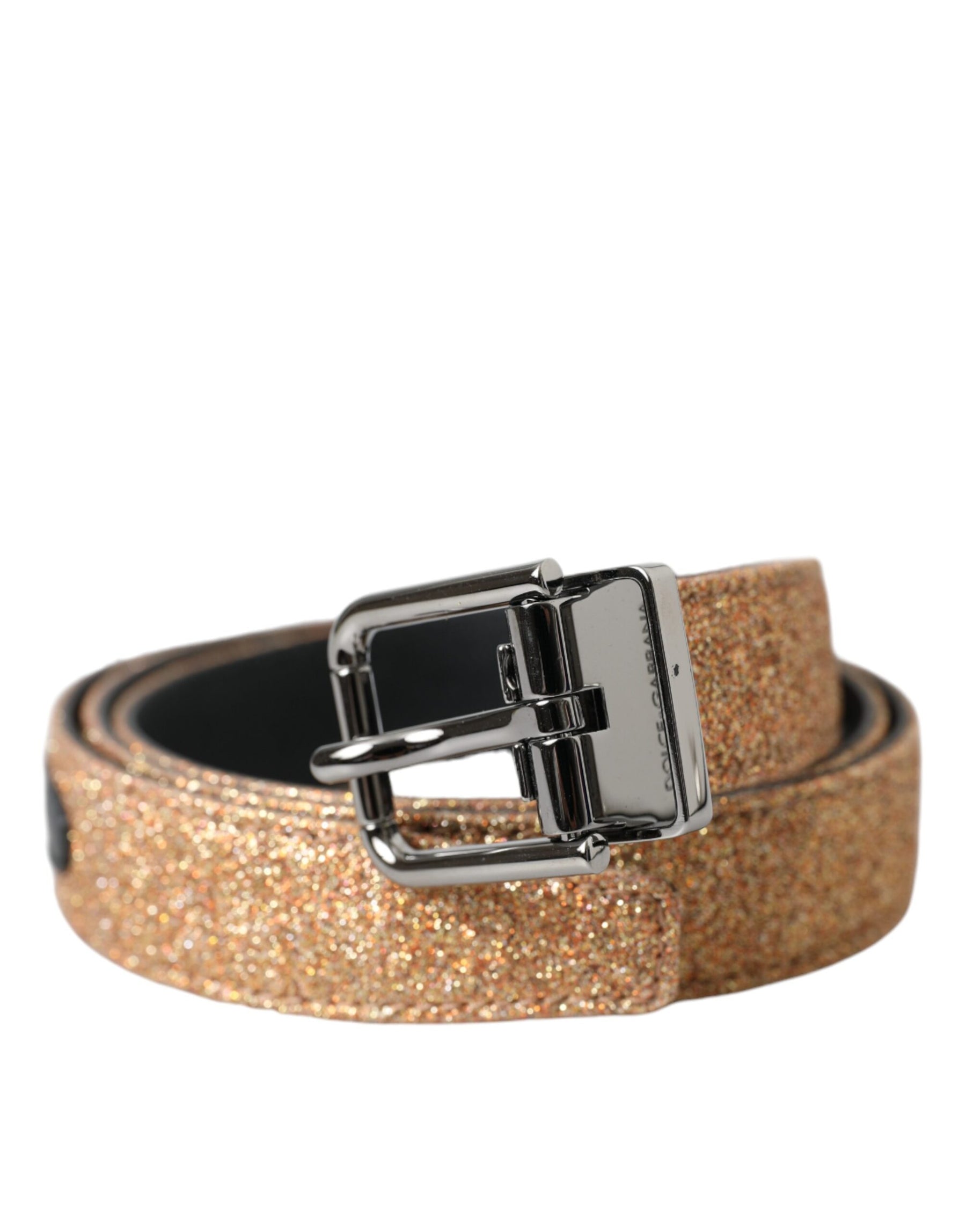 Dolce & Gabbana Gold Glitter Leather Silver Metal Buckle Belt | Regal Royce