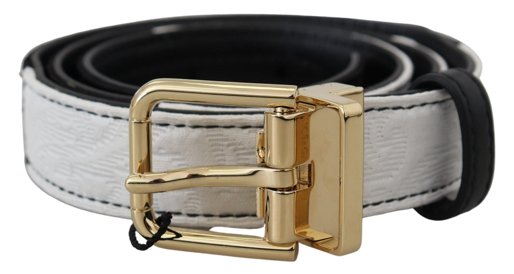 Dolce & Gabbana White Black Patchwork Gold Metal Buckle Belt | Regal Royce