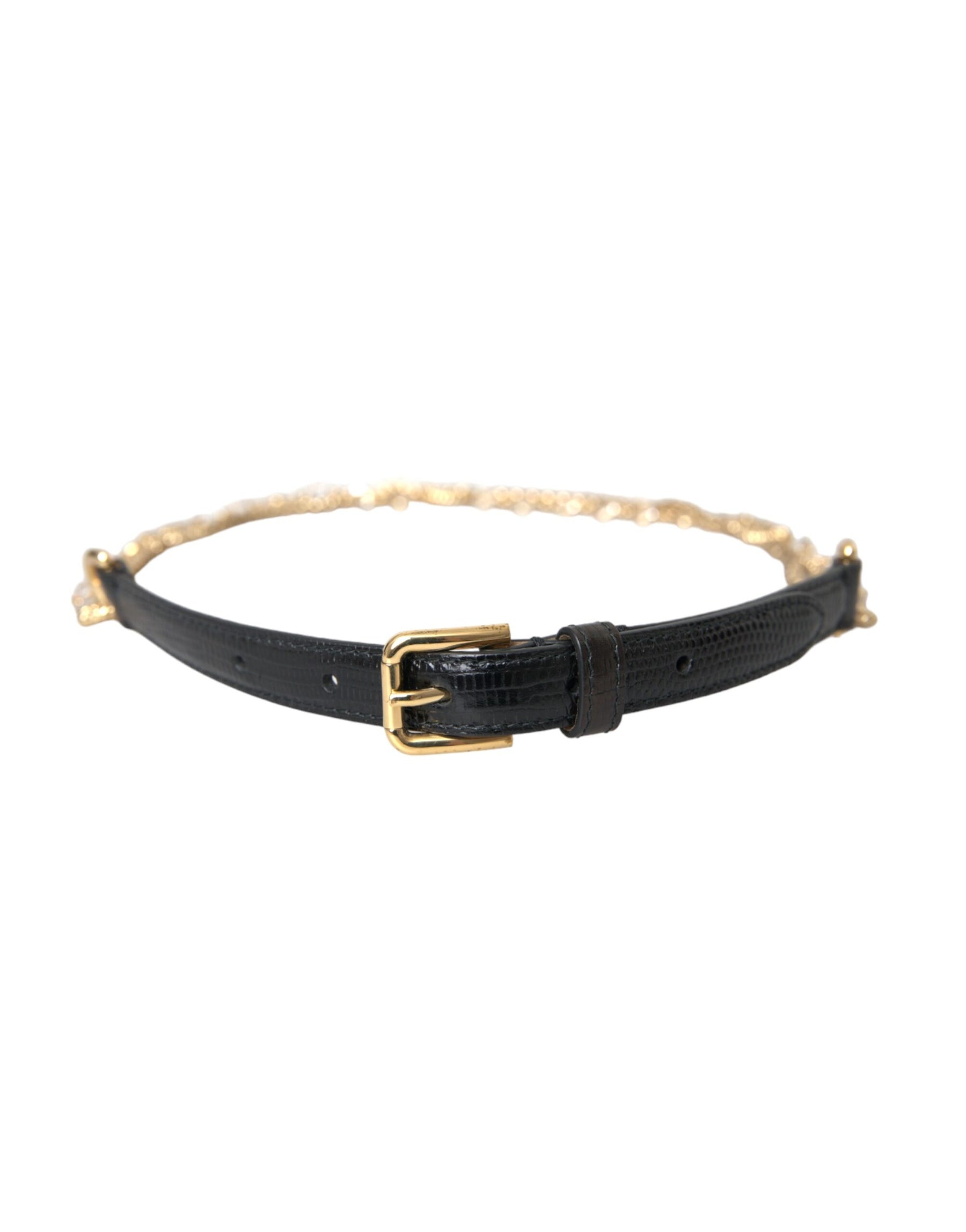 Dolce & Gabbana Black Leather Gold Chain Crystal Waist Women Belt | Regal Royce