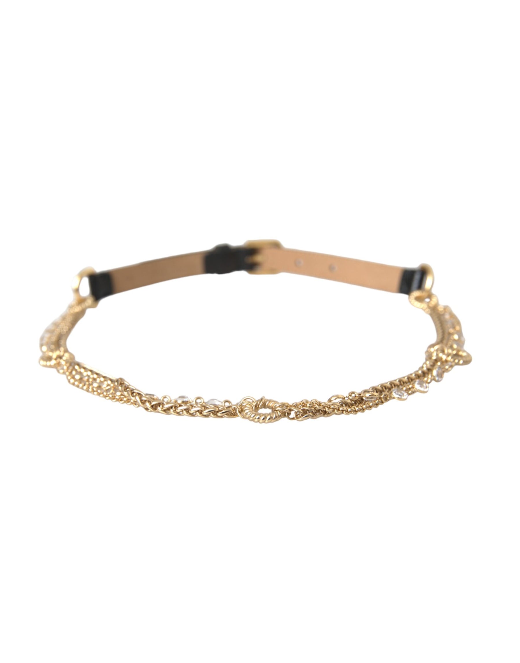 Dolce & Gabbana Black Leather Gold Chain Crystal Waist Women Belt | Regal Royce