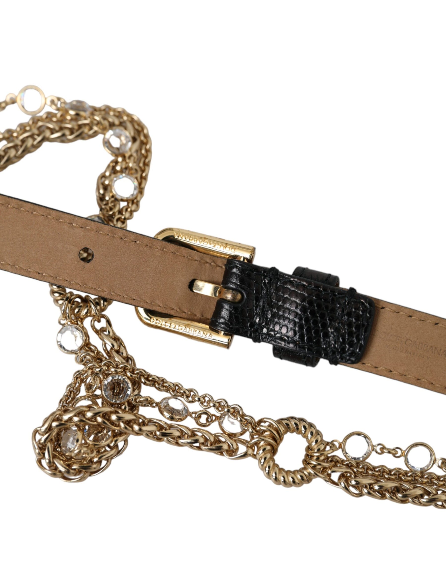 Dolce & Gabbana Black Leather Gold Chain Crystal Waist Women Belt | Regal Royce