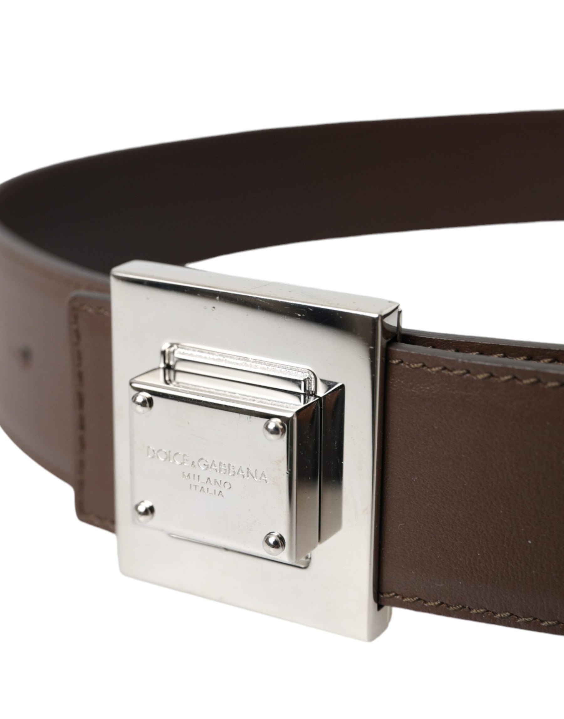 Dolce & Gabbana Brown Calf Leather Square Metal Buckle Belt | Regal Royce