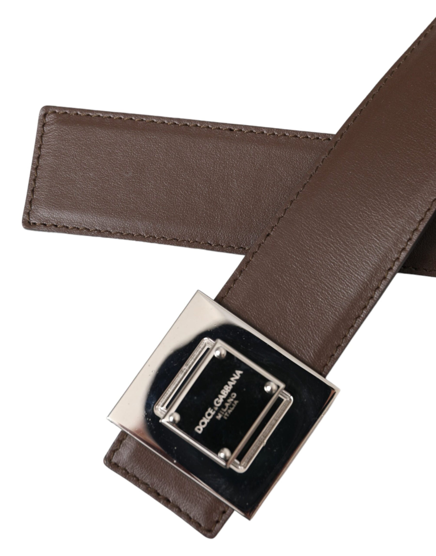 Dolce & Gabbana Brown Calf Leather Square Metal Buckle Belt | Regal Royce