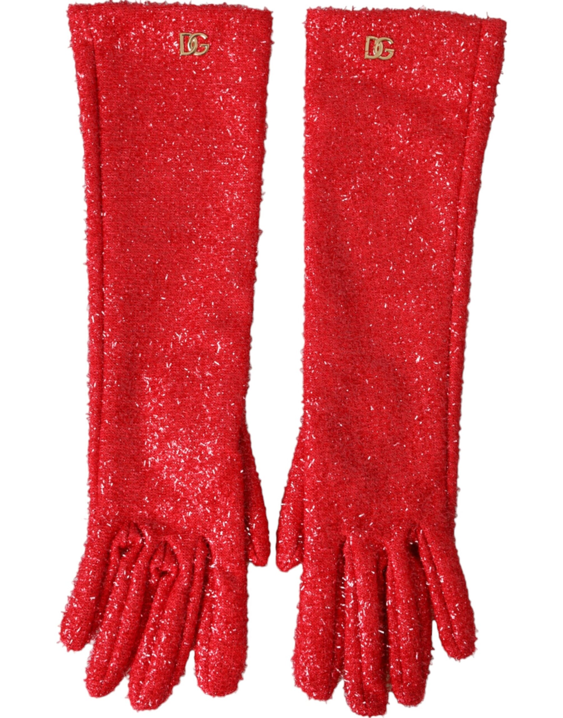 Dolce & Gabbana Red Lurex Fantasia Mid Arm Length Gloves | Regal Royce