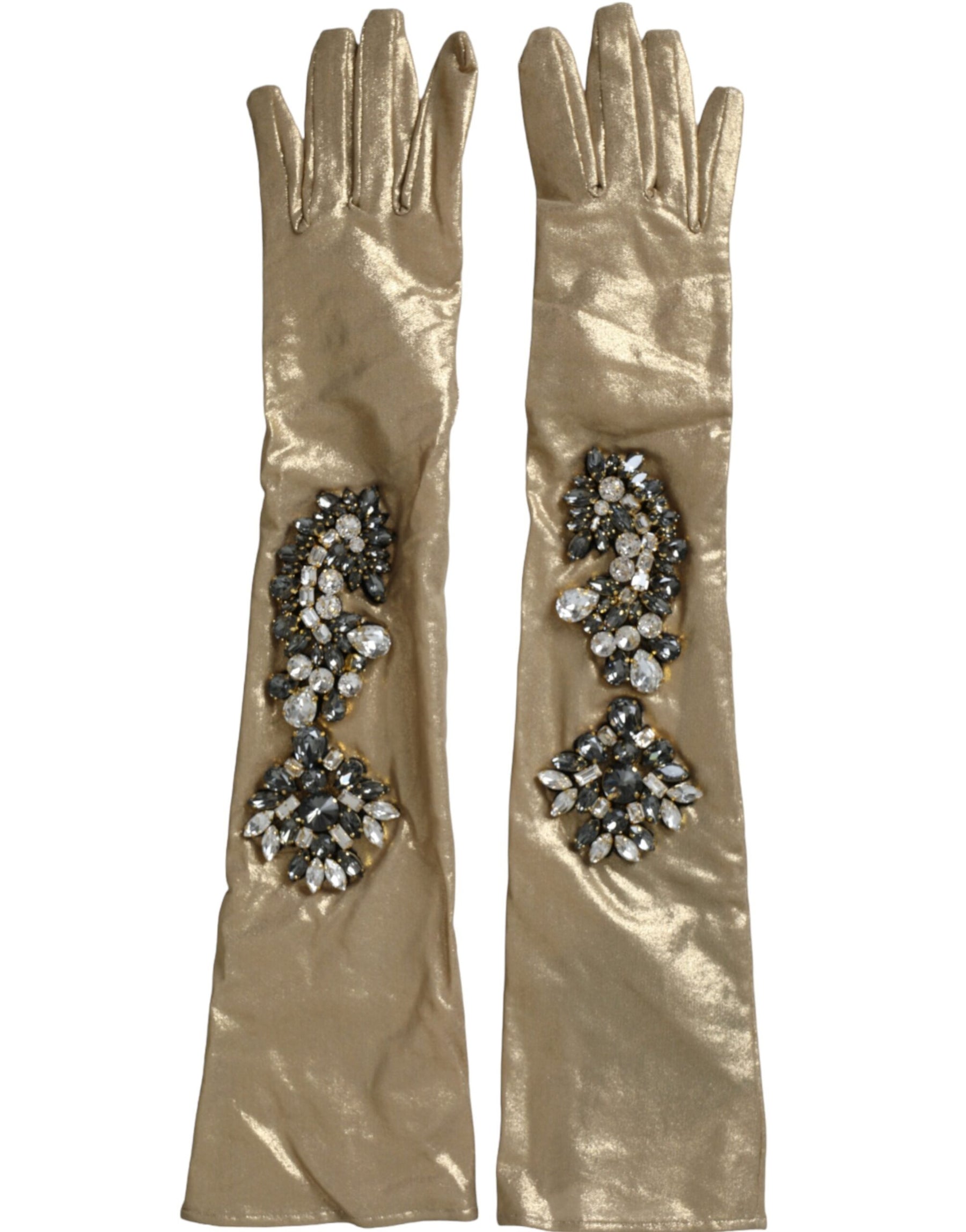 Dolce & Gabbana Beige Satin Crystal Elbow Length Gloves | Regal Royce