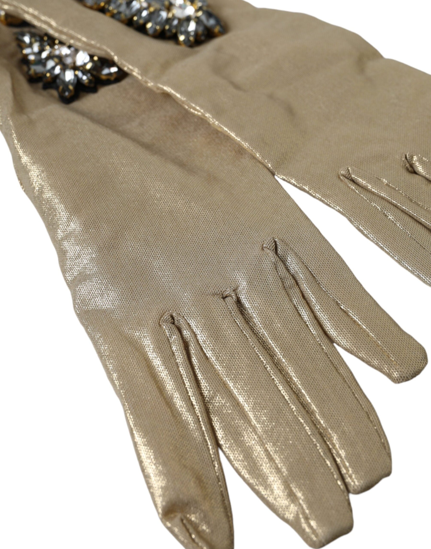 Dolce & Gabbana Beige Satin Crystal Elbow Length Gloves | Regal Royce