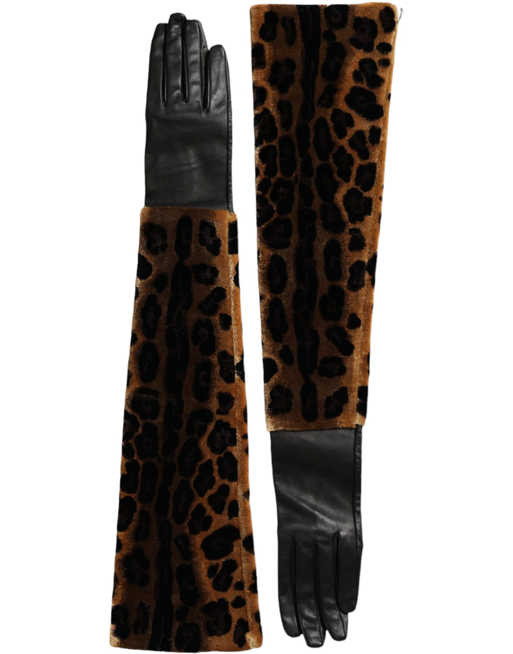 Dolce & Gabbana Brown Black Leopard Leather Elbow Length Gloves | Regal Royce