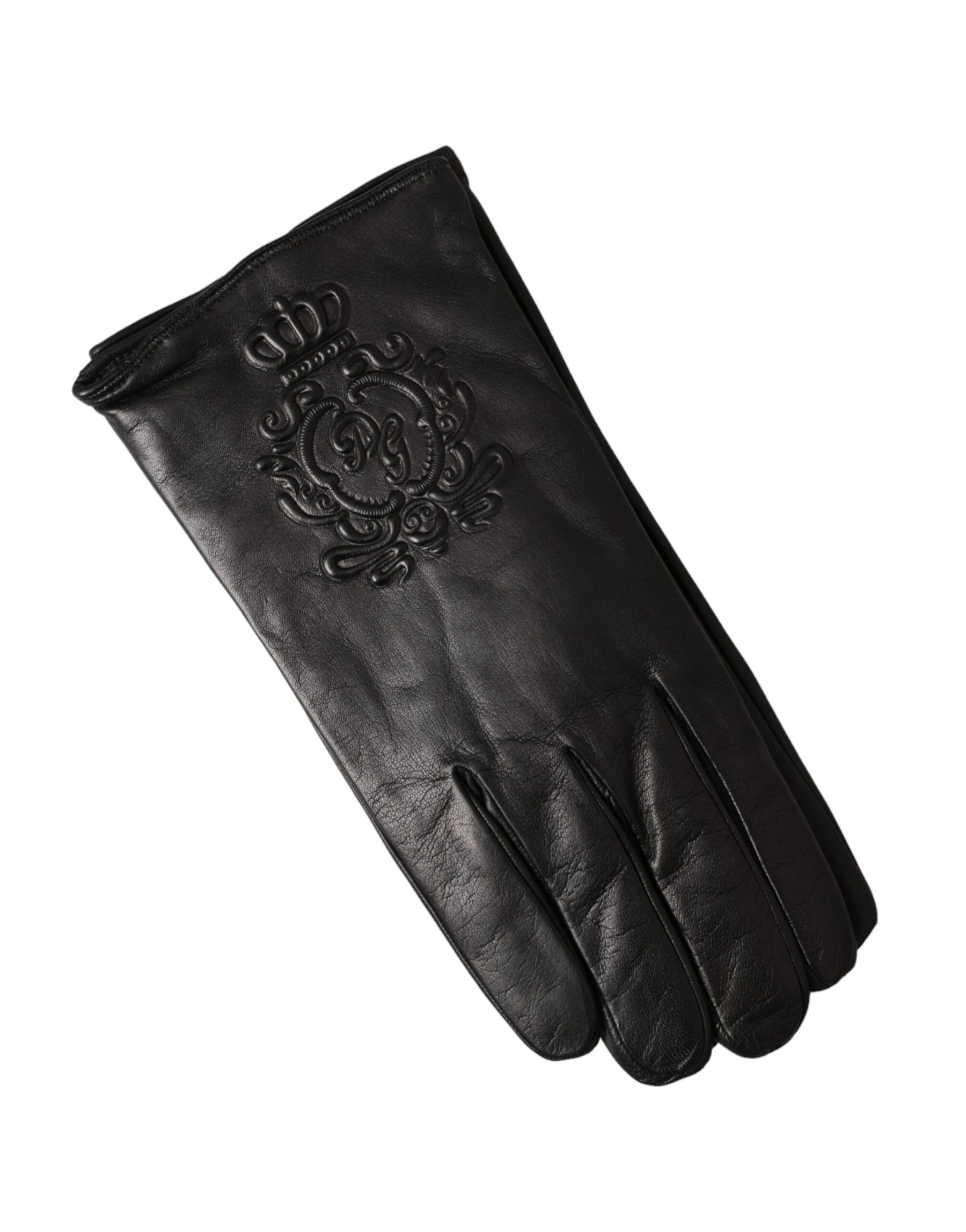 Dolce & Gabbana Black Leather Embossed Logo Short Hands Gloves | Regal Royce