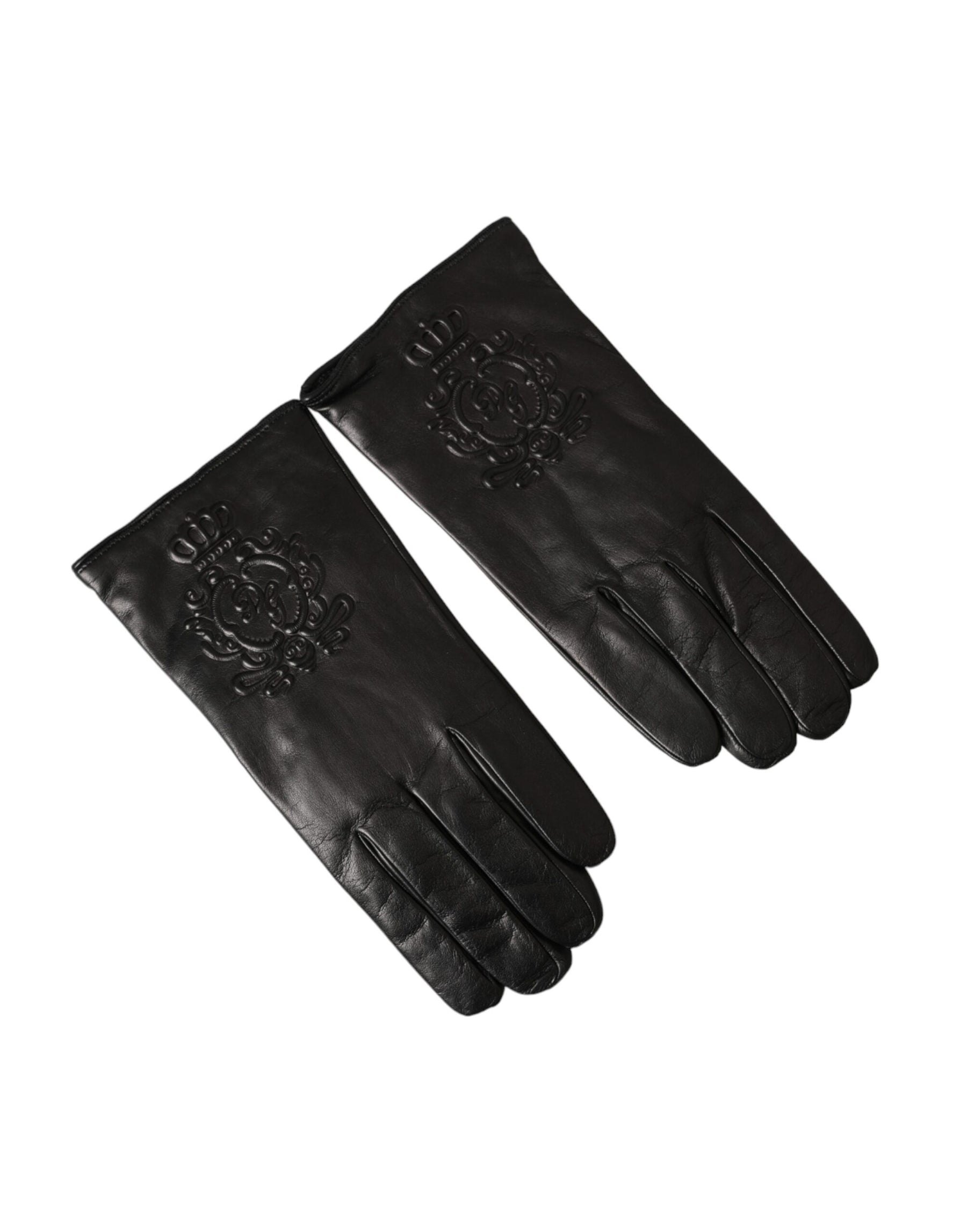 Dolce & Gabbana Black Leather Embossed Logo Short Hands Gloves | Regal Royce