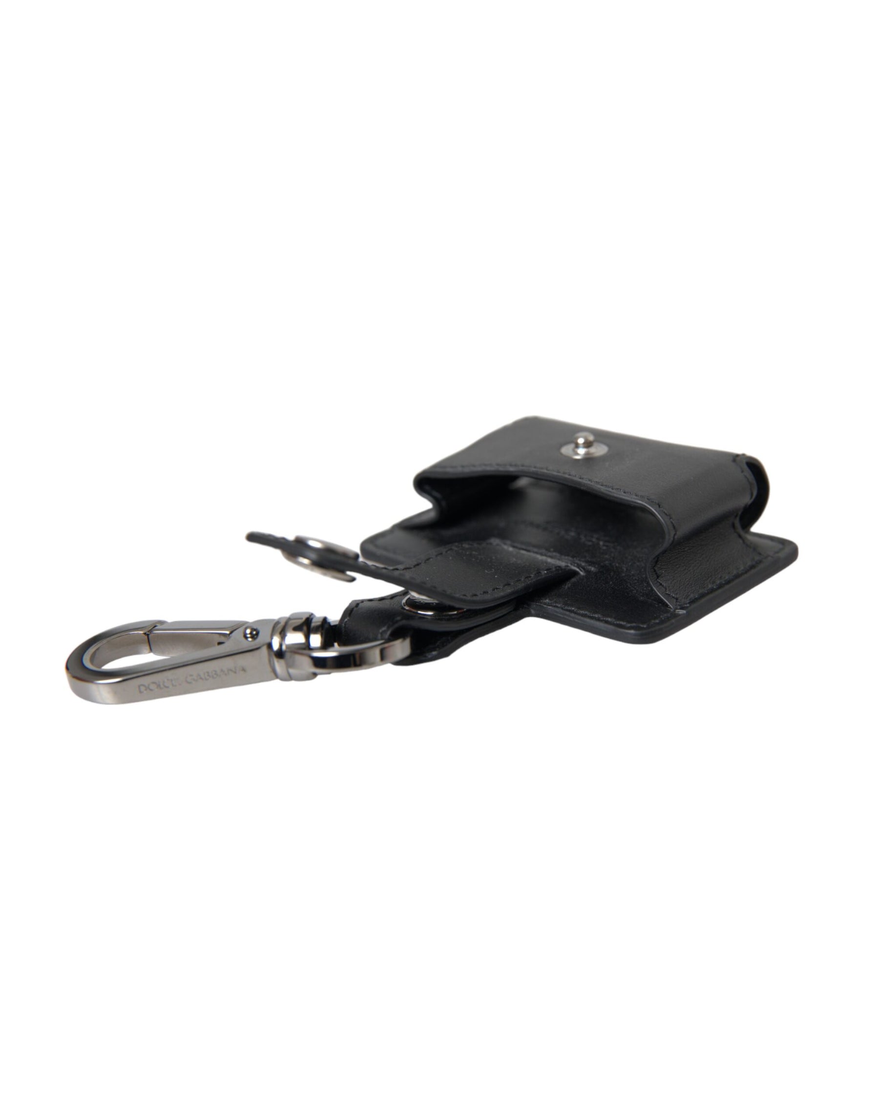 Dolce & Gabbana Black Plain Leather Silver Metal Airpods Case | Regal Royce