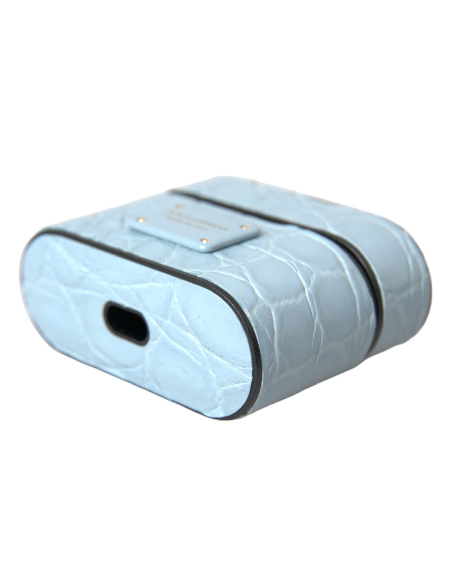 Dolce & Gabbana Light Blue Leather Metal Logo Plaque Airpods Case | Regal Royce