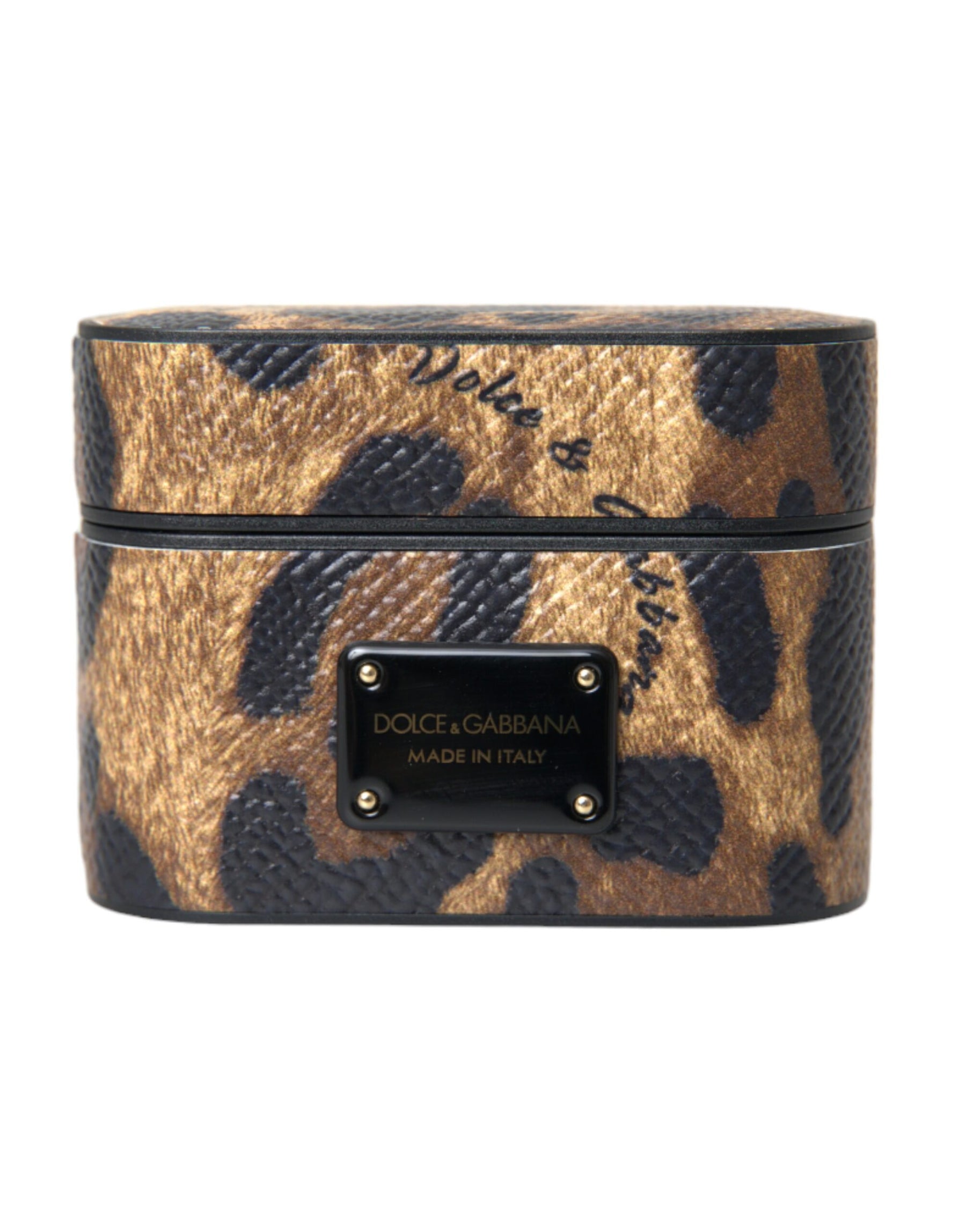 Dolce & Gabbana Brown Leopard Calf Leather Metal Logo Plaque Airpods Case | Regal Royce