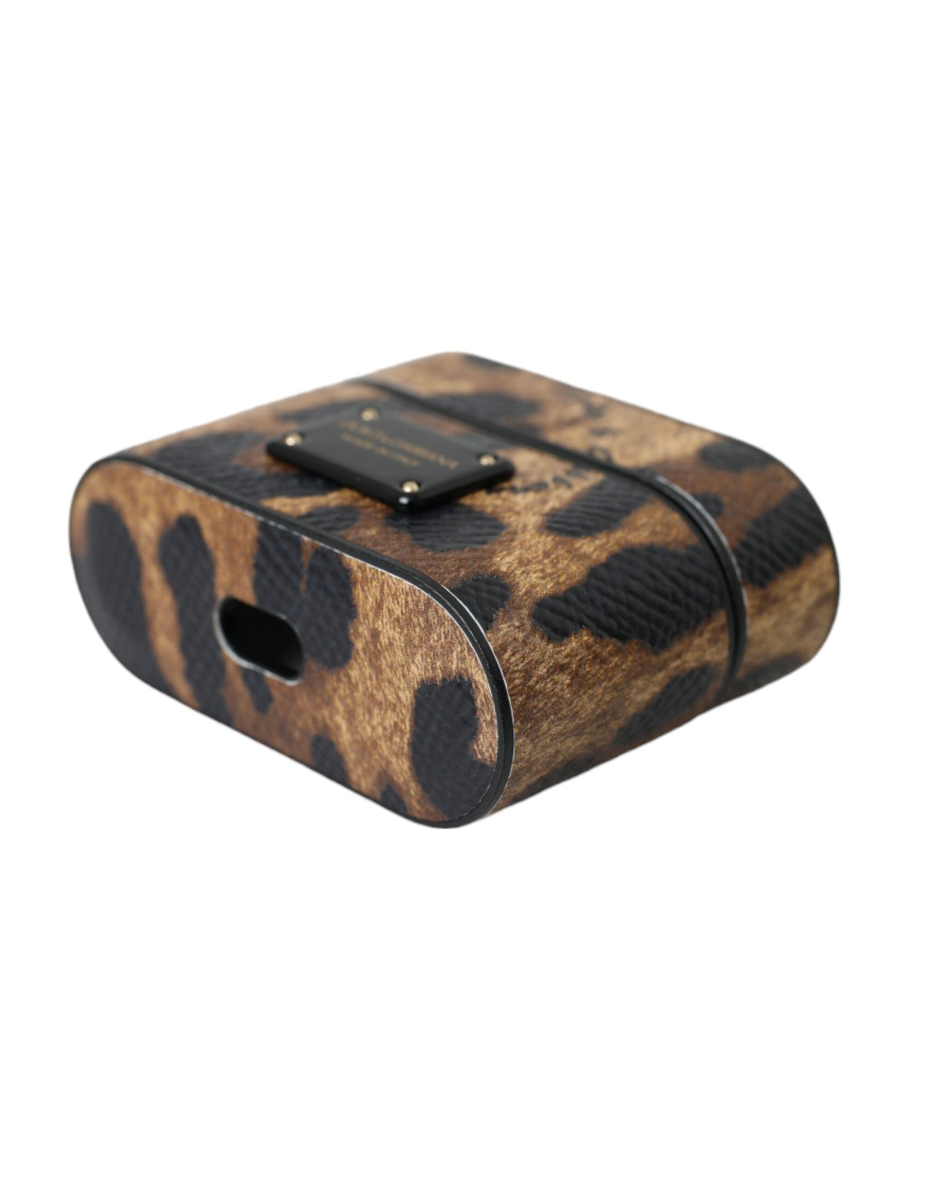 Dolce & Gabbana Brown Leopard Calf Leather Metal Logo Plaque Airpods Case | Regal Royce