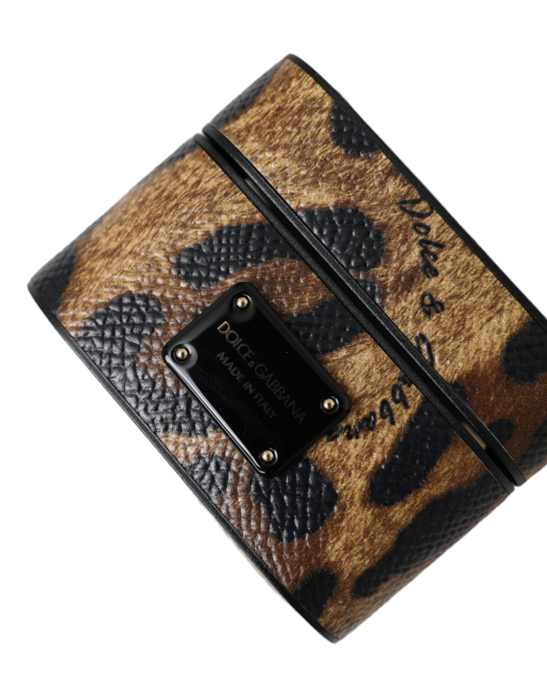 Dolce & Gabbana Brown Leopard Calf Leather Metal Logo Plaque Airpods Case | Regal Royce