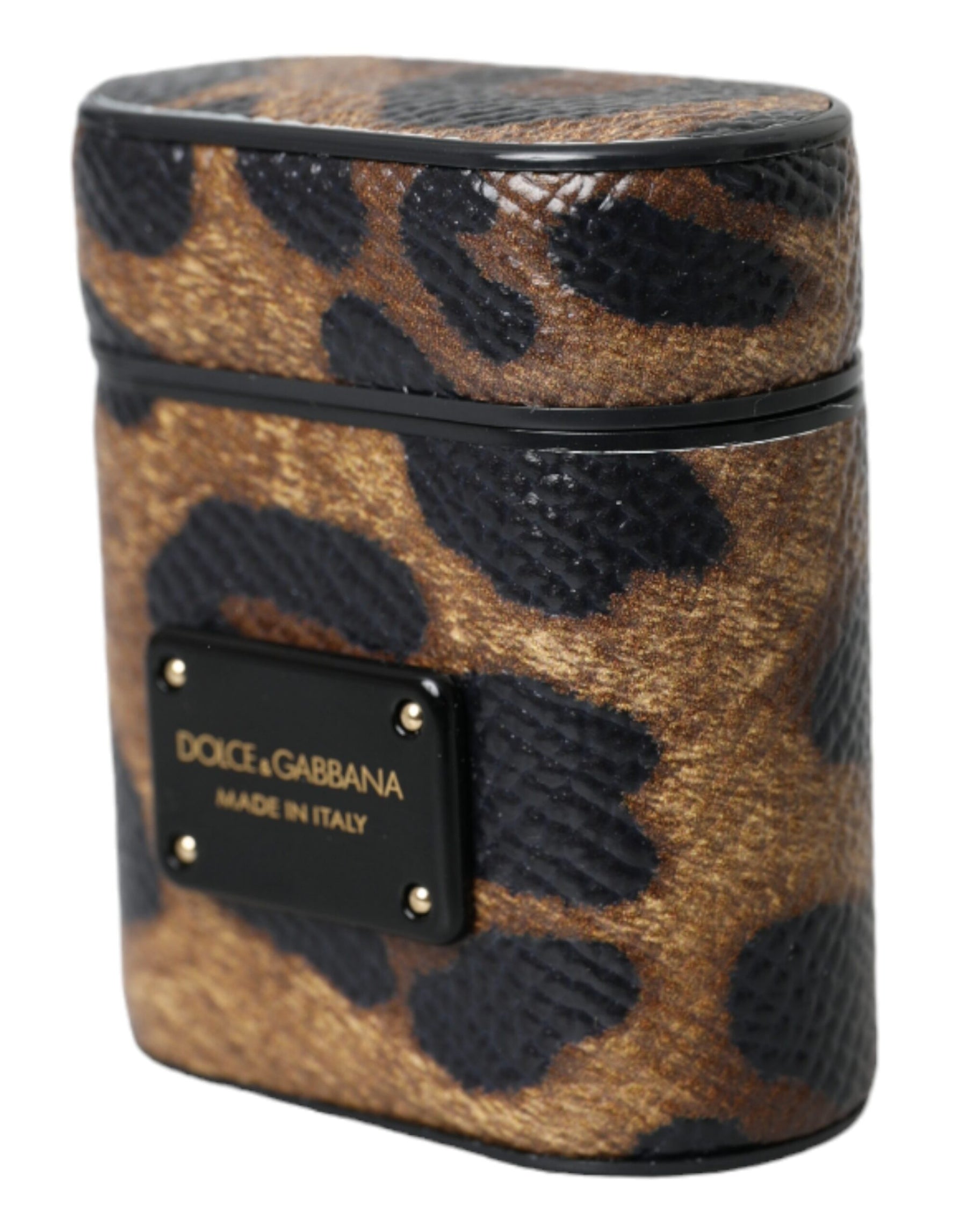 Dolce & Gabbana Brown Leopard Calf Leather Metal Logo Plaque Airpods Case | Regal Royce