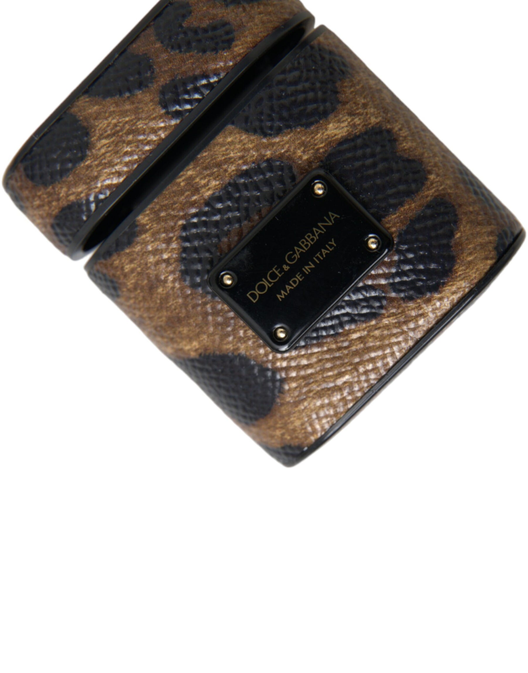 Dolce & Gabbana Brown Leopard Calf Leather Metal Logo Plaque Airpods Case | Regal Royce