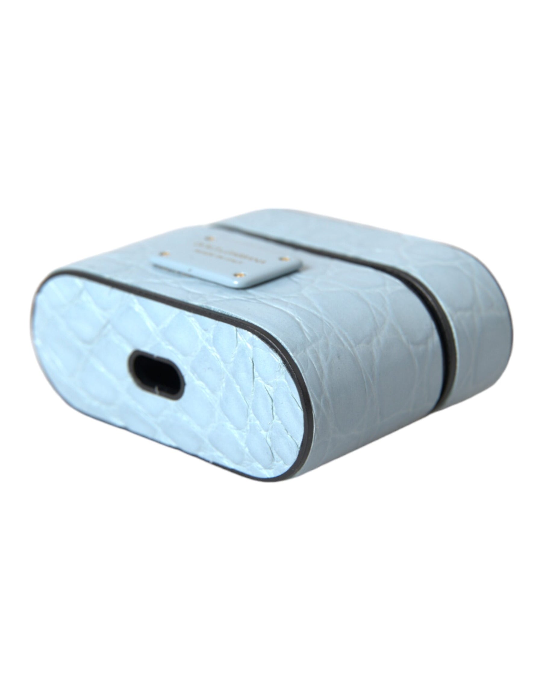 Dolce & Gabbana Light Blue Leather Metal Logo Plaque Airpods Case | Regal Royce