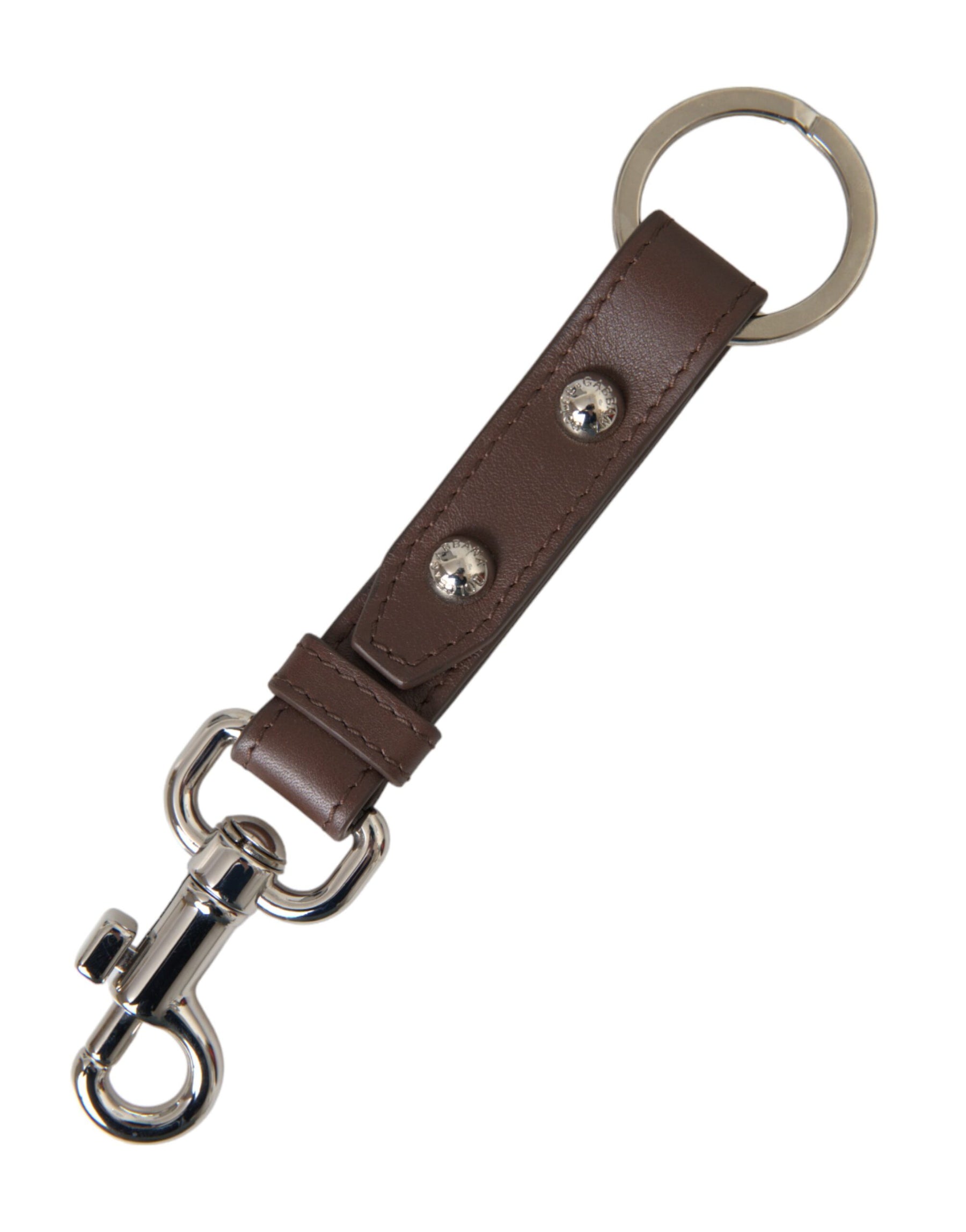 Dolce & Gabbana Brown Plain Leather Silver Brass Keyring Holder Keychain | Regal Royce