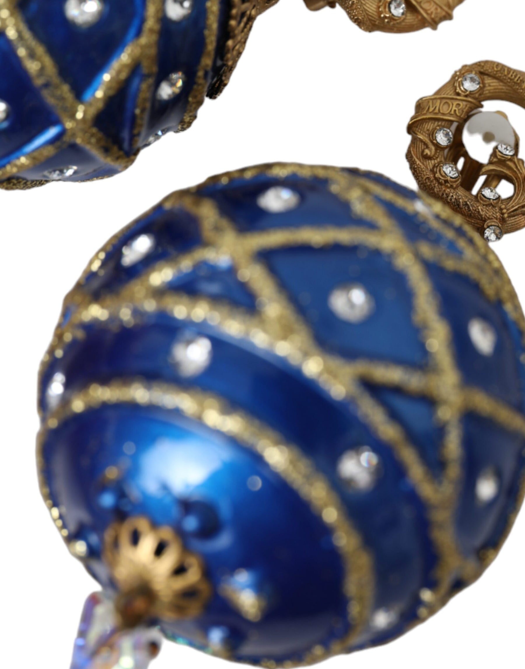 Dolce & Gabbana Gold Brass Blue Dangle Christmas Ball Crystal Clip On Earrings | Regal Royce
