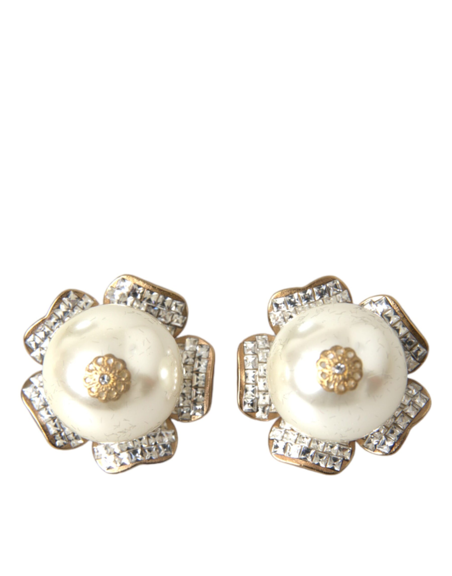 Dolce & Gabbana Gold Tone Maxi Faux Pearl Floral Clip-on Jewelry Earrings | Regal Royce